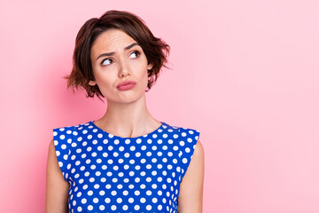 Fototapeta premium Photo of thinking young bob hairdo lady look promo wear blue blouse isolated on pink color background