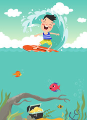 Cartoon Little Boy Surfing. Underwater Life Flat Illustration.