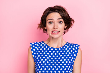 Fototapeta premium Photo of adorable stressed bad mood frightened terrified female make big fail isolated on pink color background