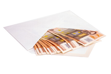 An open envelope with a euro, worth fifty, on a white background close-up