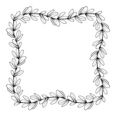 A square-shaped botanical frame. Laconic frame of branches with leaves in a linear style. For the design of printed products. Isolated image on a white background.