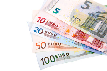Euro banknotes on a white background