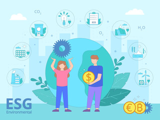 Obraz na płótnie Canvas ESG environmental business concept. Planet Earth with icons arranged around it. Renewable energy. Modern flat vector illustration. 