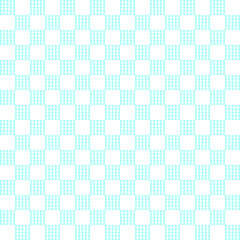 Blue tartan on white background. Blue gingham checker pattern. Vertical and horizontal crossing lines on white background.