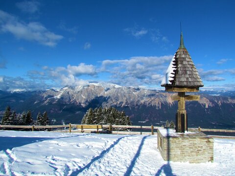 View of mountain Dobratsch, Dobrac in Carinthia or Karnten, Austria in Gailtal Alps with a structure marking the border bettwen Austria, Slovenia and Italy
