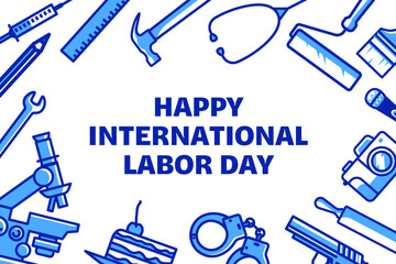 Labor day vector banner. Happy international labour day card with different tools on white background. May 1 horizontal poster with illustrations of different tools