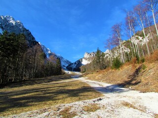 Valley above Ljubelj in Karavanke mountains in Gorenjska region of Slovenia on sunny day with clear blue sky