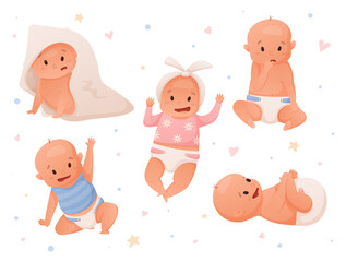 Set of vector isolated illustrations of newborn babies girls and boys in diapers.