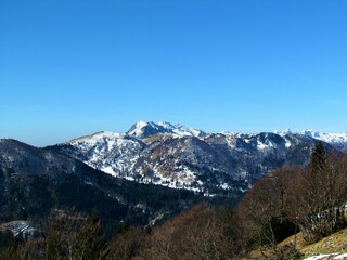 View of Mozic mountain above Soriska planina in Julian alps in Gorenjska, Slovenia