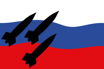 Russia. Nuclear weapons. Russia flag with nuclear weapons symbol with missile silhouette. Illustration of the flag of Rusia. Horizontal design. Ukraine. Jerson. Stop the fire. 36 hours.