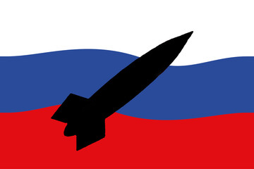 Russia. Nuclear weapons. Russia flag with nuclear weapons symbol with missile silhouette. Illustration of the flag of Rusia. Horizontal design. Ukraine. Jerson. Stop the fire. 36 hours.