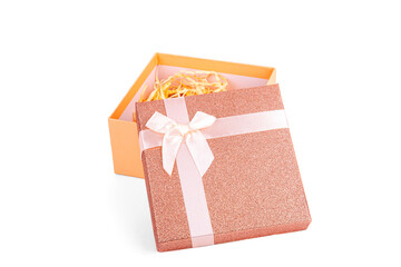 An open peach-colored gift box on a white background