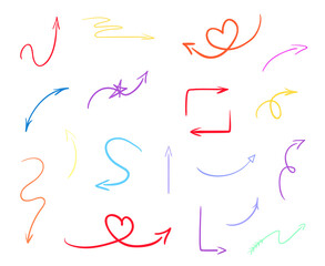 Colored infographic elements on isolated white background. Hand drawn simple arrows. Line art. Set of different pointers. Abstract indicators