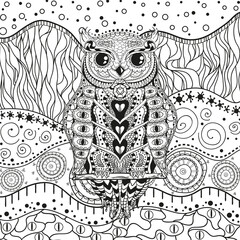 Mandala with owl on isolated white. Zentangle. Hand drawn abstract patterns on isolation background. Design for spiritual relaxation for adults. Black and white illustration for coloring