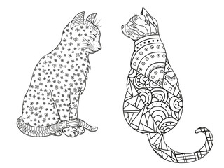 Cats on white. Zentangle. Hand drawn animals with abstract patterns on isolation background. Design for spiritual relaxation for adults. Black and white illustration for coloring