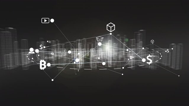 Digital bitcoin crypto currency metaverse network, Blockchain NFT technology trade and exchange financial in front of digital wireframe city