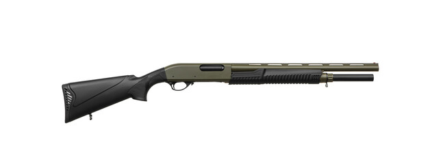 Pump-action 12 gauge shotgun isolated on a white back. Close-up shot of part of a shotgun. A smooth-bore weapon with a plastic stock.