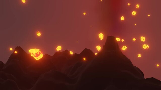 Volcanic landscape at night. The eruption of the volcano, hot stones fly into the air, smoke rises from the volcano. Dramatic night scene, CGI animation