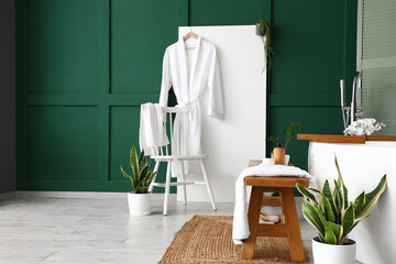 Interior of stylish room with white bathrobe, houseplants and bench