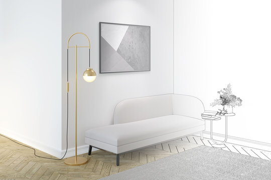 A sketch becomes a real room with an illuminated horizontal poster above a beige couch, flowers in a vase and books on a coffee table, a golden floor lamp, a  carpet on the parquet floor. 3d render
