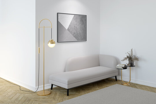 A bright room with an illuminated horizontal poster above a light beige couch, flowers in a glass vase and books on a coffee table, a golden floor lamp, a beige carpet on the parquet floor. 3d render