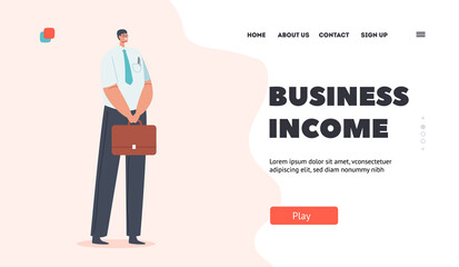 Business Income Landing Page Template. Asian Male Character, Single Man in Shirt, Tie and Blue Pants with Briefcase