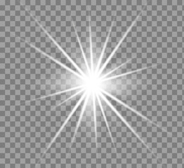 Solar glare.Glow isolated white transparent light effect set, lens flare, explosion, glitter, line, sun flash, spark and stars.