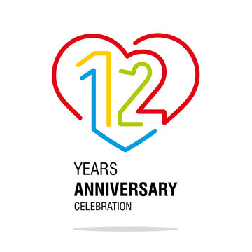 12 years anniversary celebration decoration colorful number bounded by a loving heart modern love line design logo icon white background