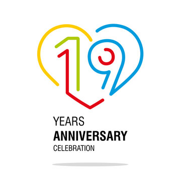 19 years anniversary celebration decoration colorful number bounded by a loving heart modern love line design logo icon white background