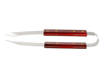 Barbecue tongs isolated on white. Steel, stainless grill tongs with wooden handle. Close up.