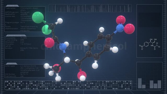 Molecule of chloramphenicol with infographics on the computer monitor, loopable 3d animation