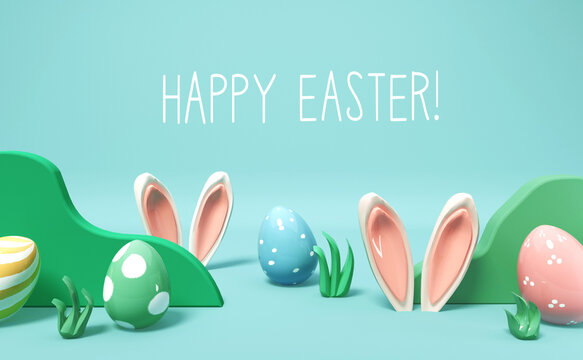 Happy Easter message with rabbit ears and Easter eggs - 3D render