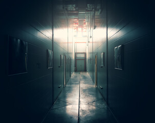 Dark corridor with closed door in end and light from window.