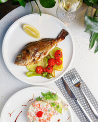 traditional wine appetizers. white and red wine. restaurant serving. summer mood. shallow depth of field