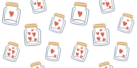glass bottle and hearts. funny seamless background.