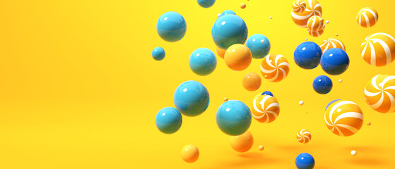Scattered floating colored spheres on a vibrant background - 3D render
