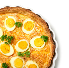 Tasty Easter tart with eggs on white background, closeup