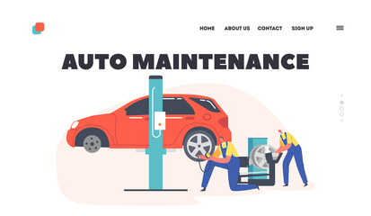 Auto Maintenance Landing Page Template. Workers Change and Measure Pressure in Car Tires at Mechanic Garage