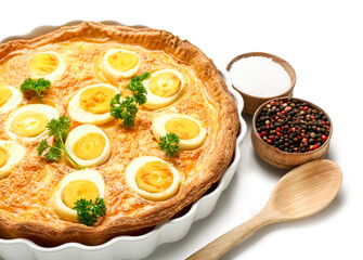 Tasty Easter tart with eggs and bowls with spices on white background, closeup