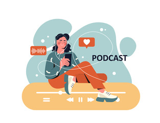 Audio Podcast concept. Girl in headphones with phone sits and smiles. Character listens to materials. Modern technologies and digital world, globalization and hobby. Cartoon flat vector illustration