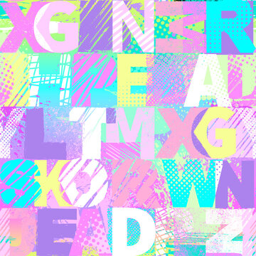 Abstract colorful seamless grunge pattern for girl. Urban style modern background with geometric, words, letters and spray elements. Pastel sport creative print