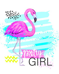 Hand drawing illustration for t-shirts with pink flamingo. Creative design print for girl.