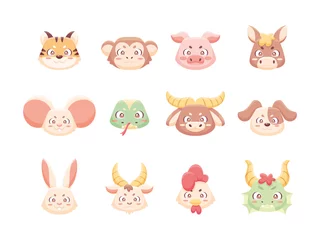 Fototapete Spielzeug Satz von verschiedenen süßen Tier-Avataren Chinesisches Sternzeichen Vektor-Illustration