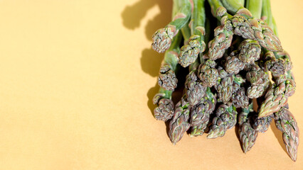 a bunch of fresh asparagus lies on a beige background. front view