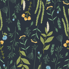 Beautiful watercolor wild field flowers seamless pattern. Floral repeat print background with colorful herbs and flowers. Vector illustration