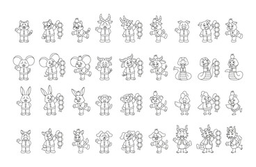 Set of different animal cartoons with traditional clothes Chinese zodiac sign Vector illustration
