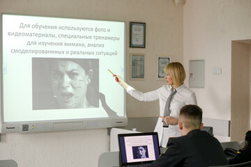MINSK, BELARUS - 18 FEBRUARY, 2022: teacher at the university teaches students how to profiling