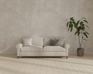 Fototapeta na wymiar modern room with sofa, pillows,plant, interior design. 3D render