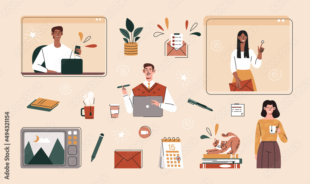 Poster set of remote work. collection of elements for creating pictures with people in office. workflow and