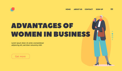 Obraz na płótnie Canvas Advantages of Women in Business Landing Page Template. Senior Caucasian Business Person Wear trendy Apparel